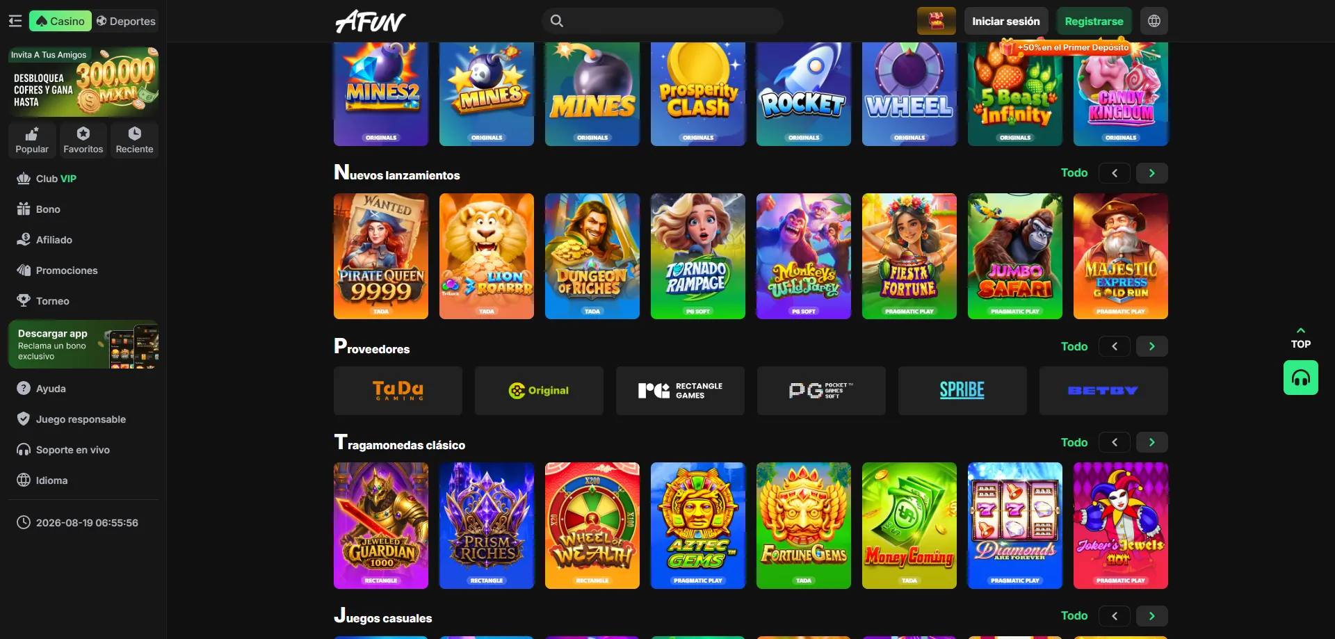 Catálogo de tragamonedas y juegos de casino en AFUN Casino MX