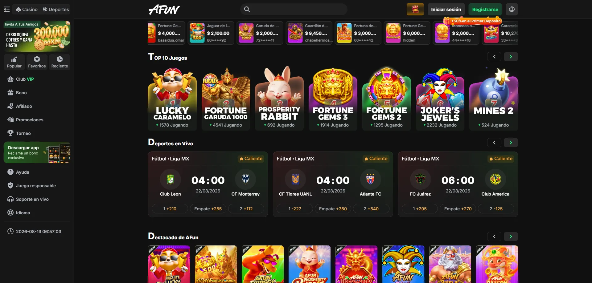 Apuestas deportivas en vivo en AFUN Casino México — fútbol y más