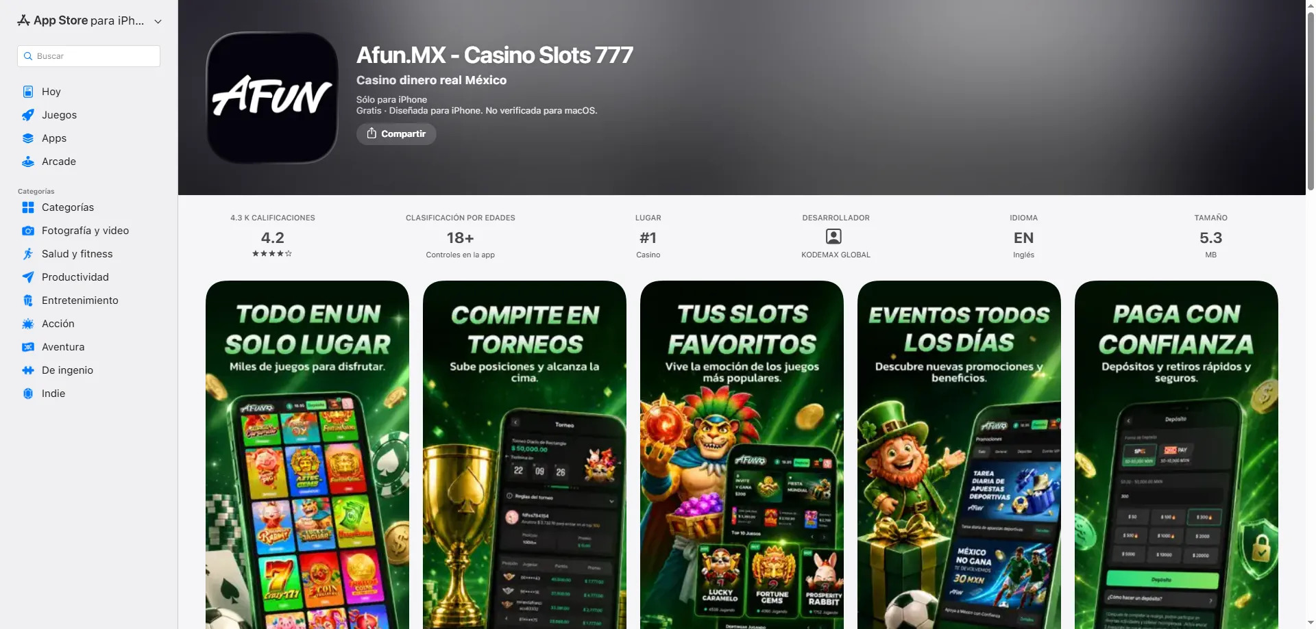 Aplicación móvil de AFUN Casino para Android e iOS en México