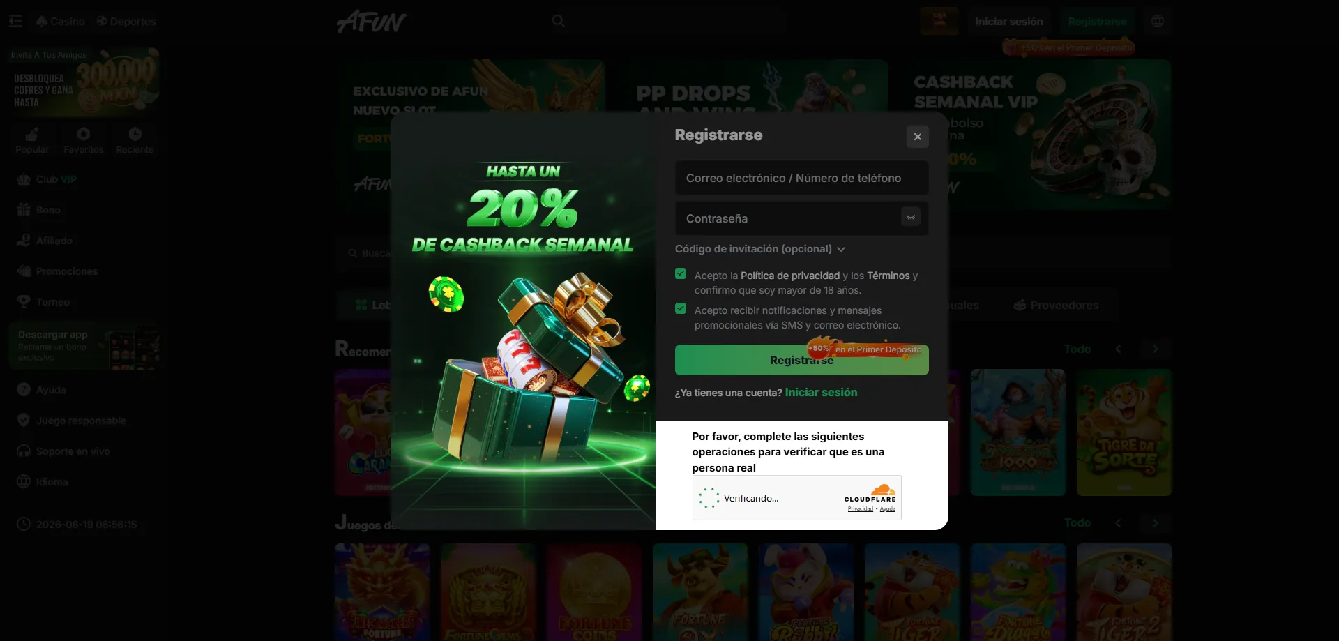 Proceso de registro en AFUN Casino MX paso a paso