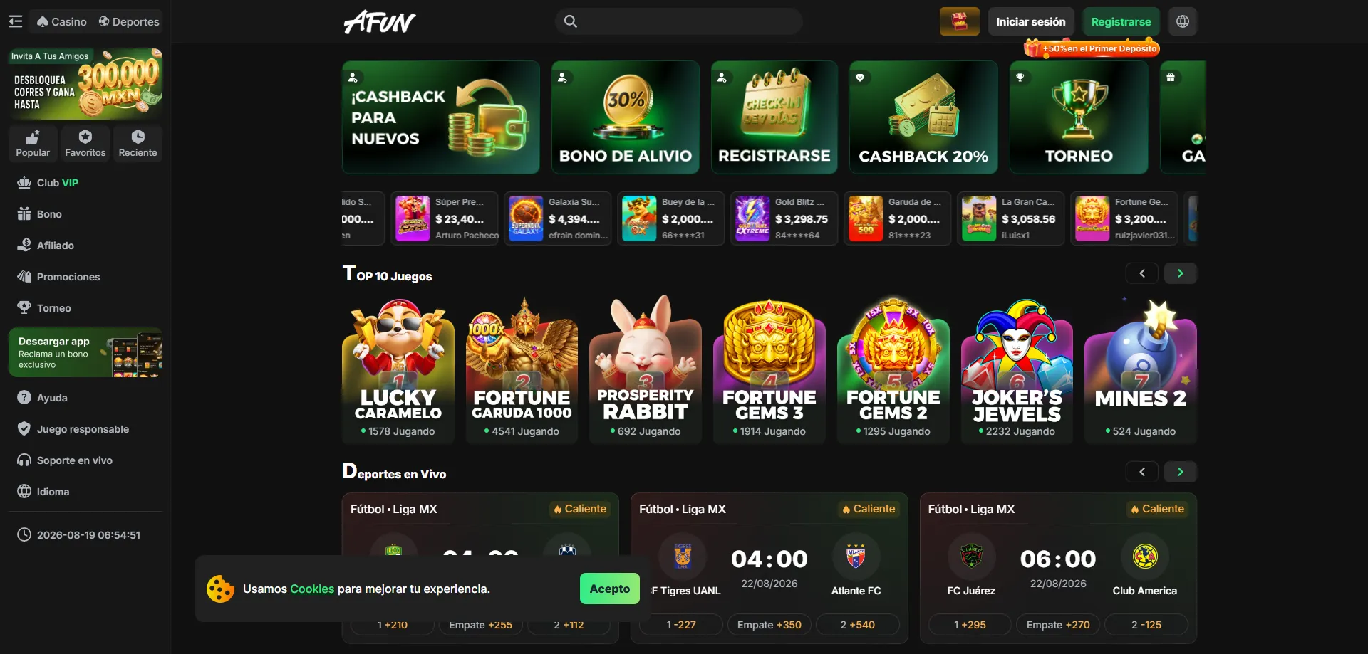 Lobby de juegos de AFUN Casino con tragamonedas y mesas en línea